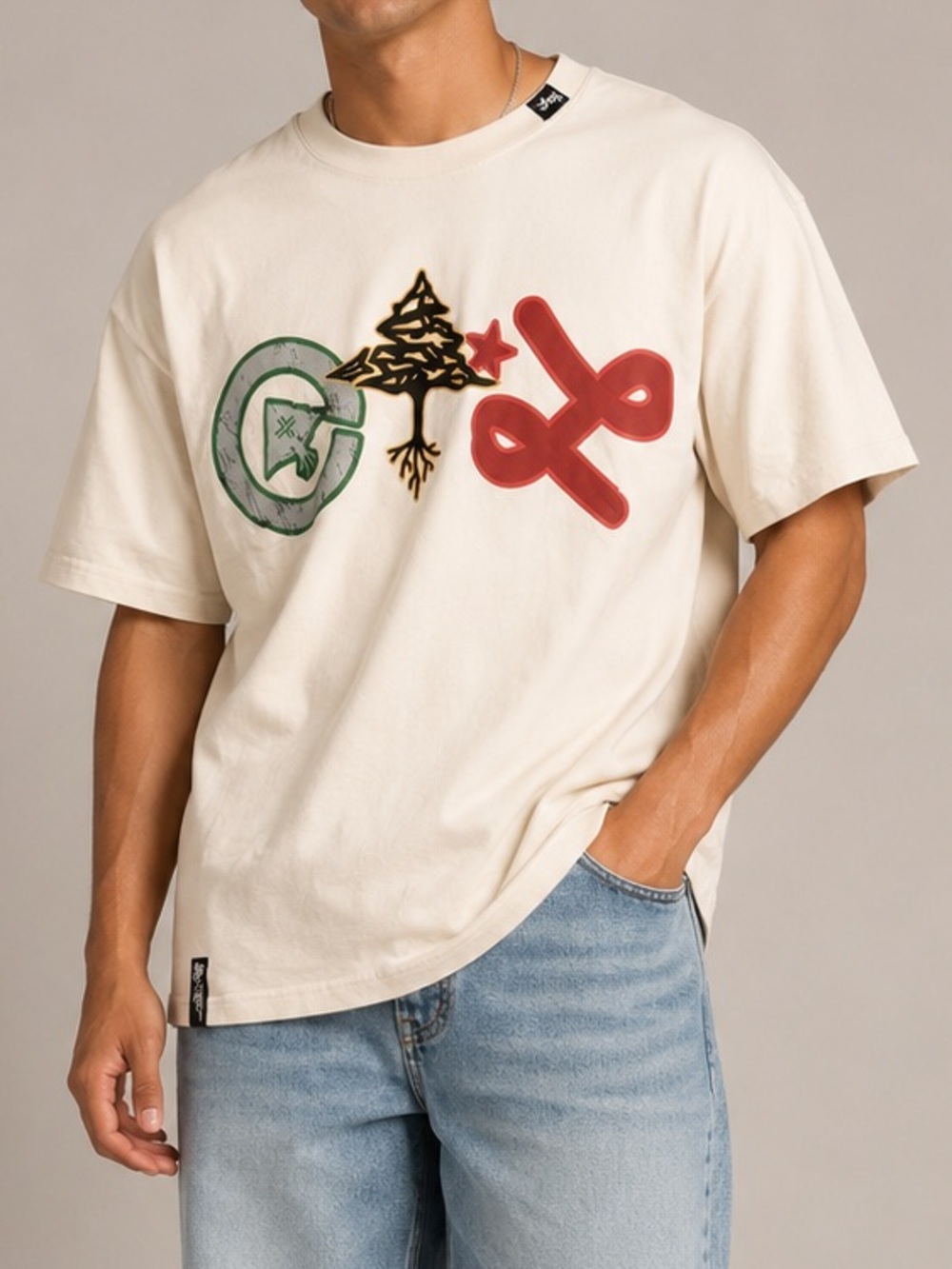 Lrg White Tee with Green, Gold & Red Graphic Logos UNISEX MEDIUM
